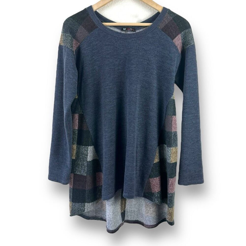 Vision USA Size M Mixed Media Crewneck Pullover Blue Plaid Panel Tunic Academia‎